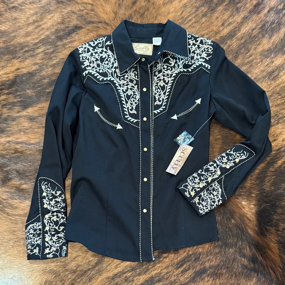 NWT SCULLY WOMEN'S SCROLL EMBROIDERED LONG SLEEVE PEARL SNAP WESTERN SHIRT - Picture 4 of 8